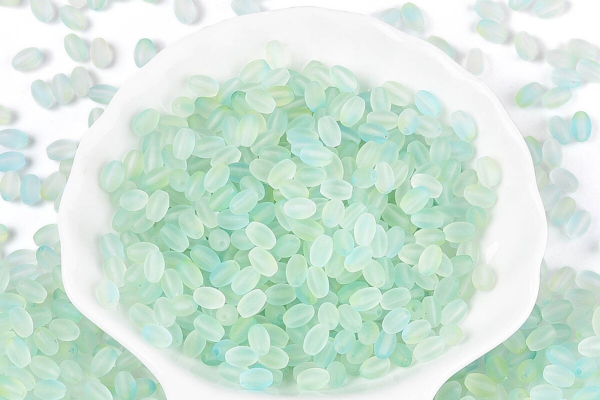 Margele de sticla frosted in doua culori, ovale 6,5x4-4,5mm - aquamarine (10 grame)