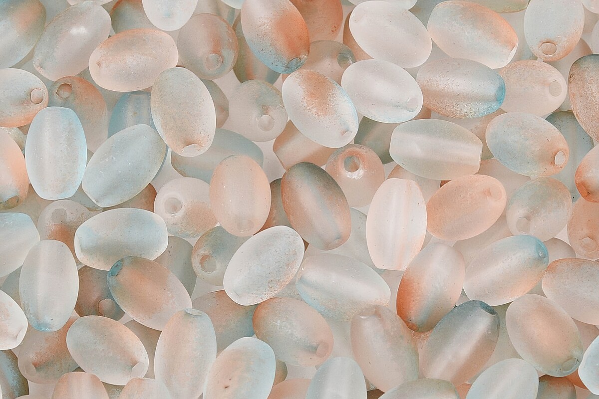 Margele de sticla frosted in doua culori, ovale 6,5x4-4,5mm - maro gri (10 grame)
