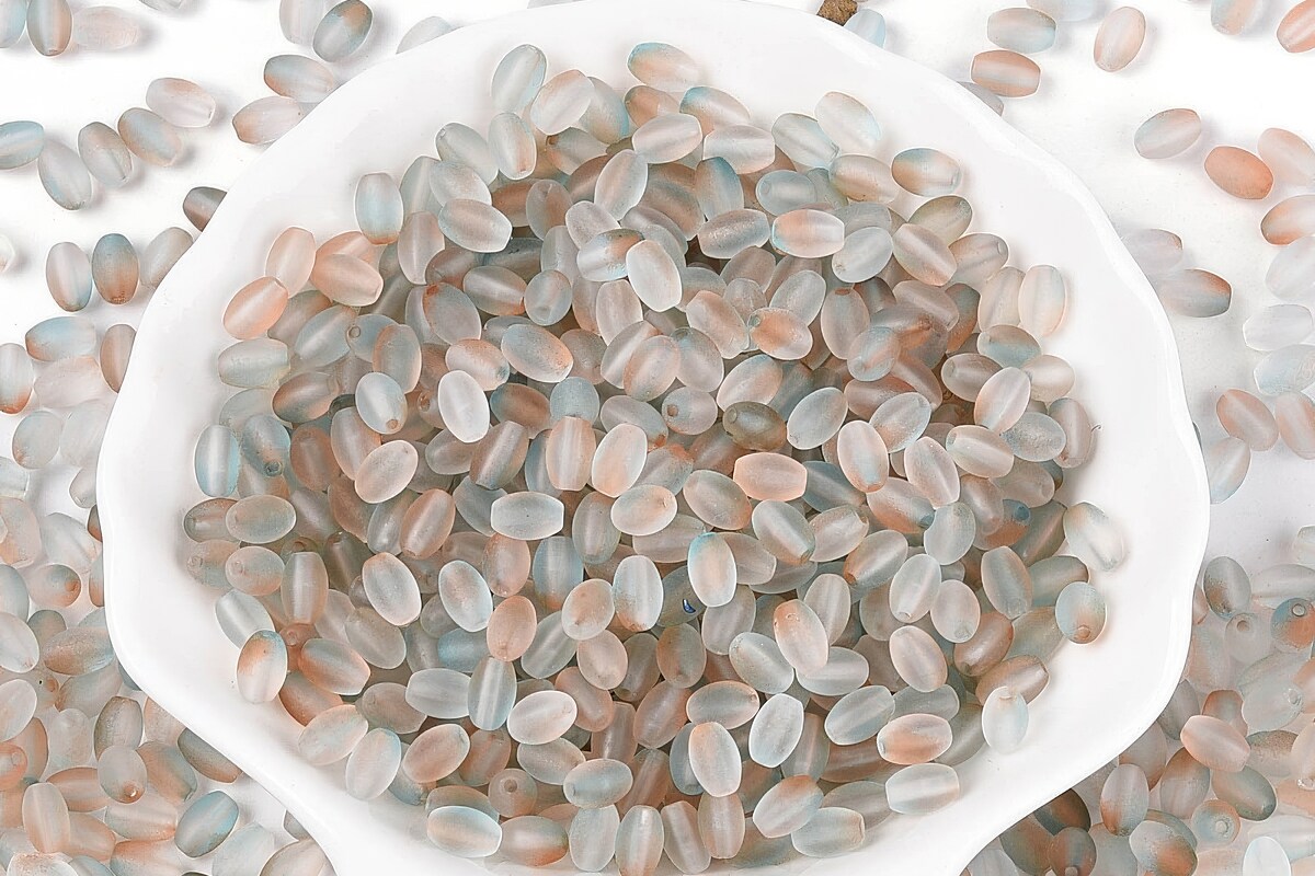 Margele de sticla frosted in doua culori, ovale 6,5x4-4,5mm - maro gri (10 grame)