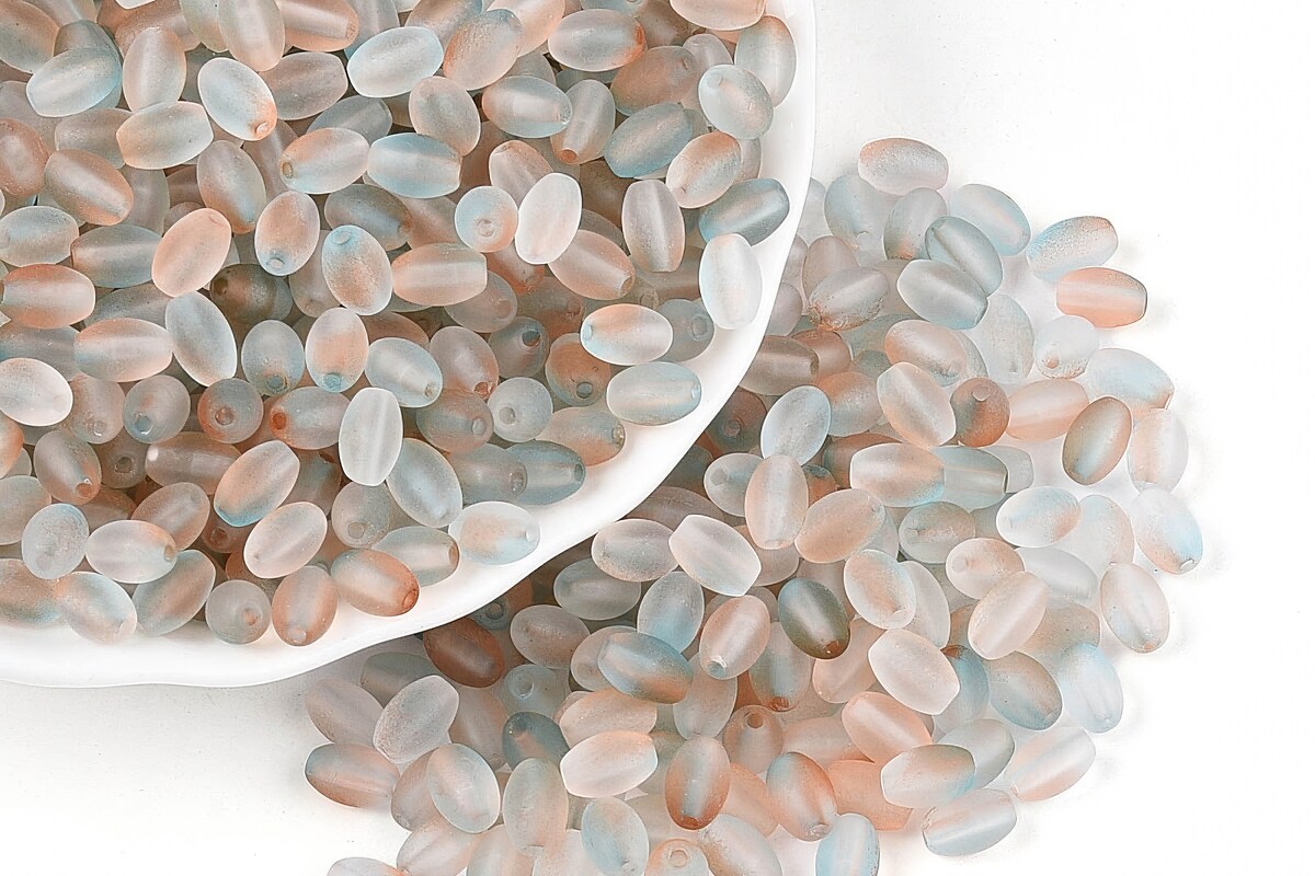Margele de sticla frosted in doua culori, ovale 6,5x4-4,5mm - maro gri (10 grame)