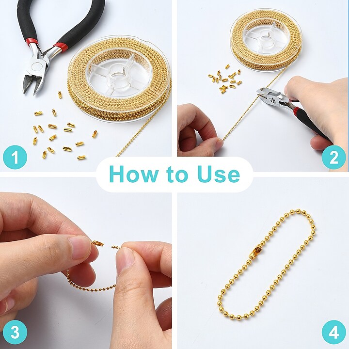 Set rola lant din metal comun auriu cu bile de 1,5mm, lungime 10m si 50 conectori de 1,5mm