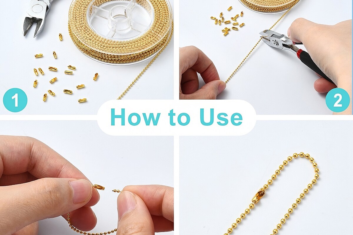 Set rola lant din metal comun auriu cu bile de 1,5mm, lungime 10m si 50 conectori de 1,5mm