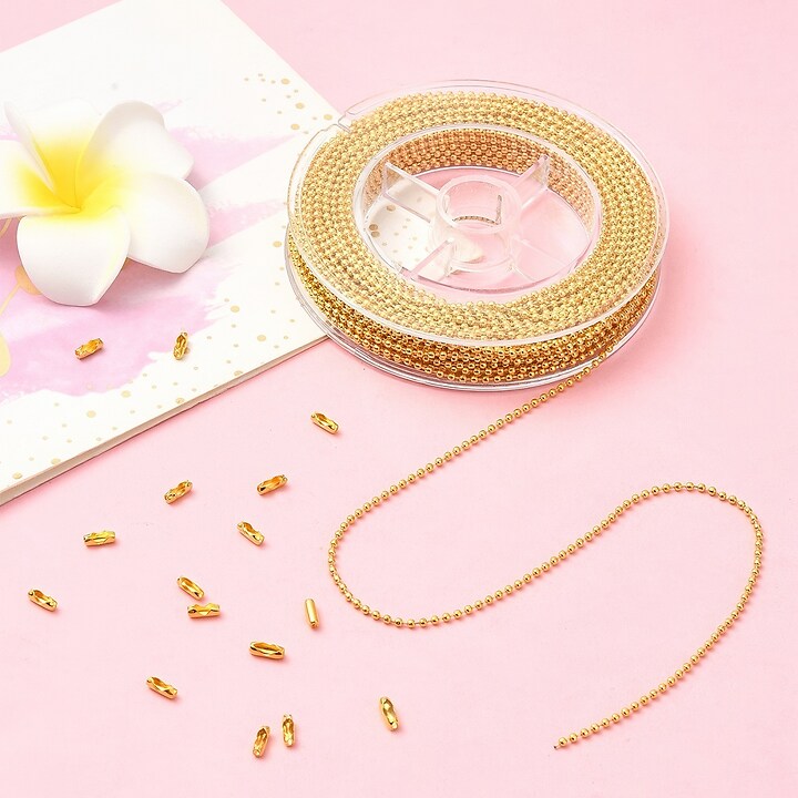 Set rola lant din metal comun auriu cu bile de 1,5mm, lungime 10m si 50 conectori de 1,5mm