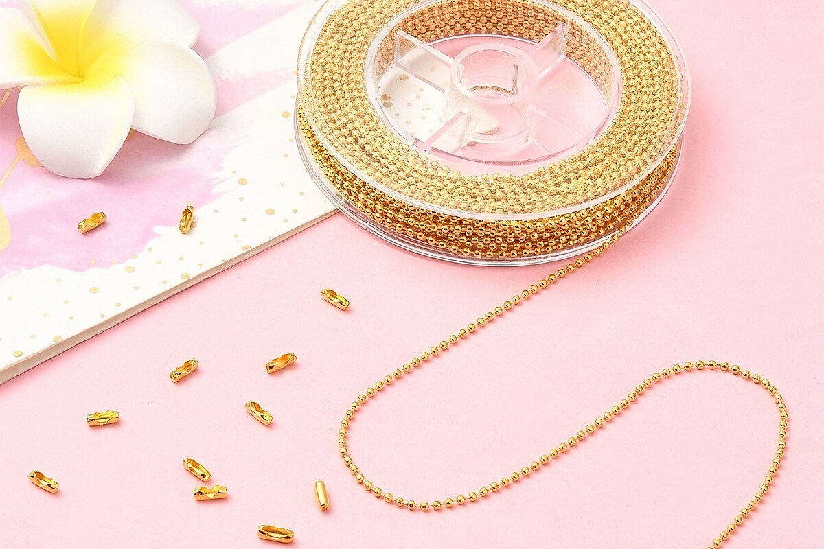 Set rola lant din metal comun auriu cu bile de 1,5mm, lungime 10m si 50 conectori de 1,5mm