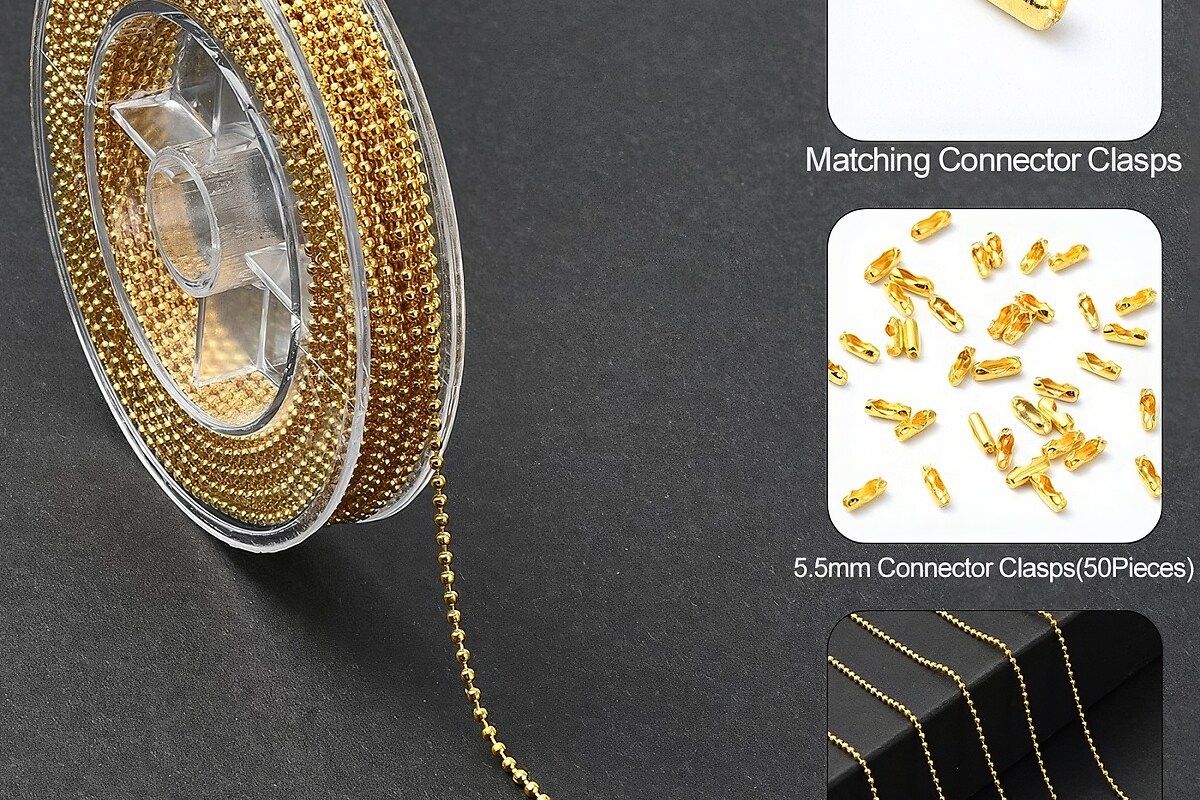 Set rola lant din metal comun auriu cu bile de 1,5mm, lungime 10m si 50 conectori de 1,5mm