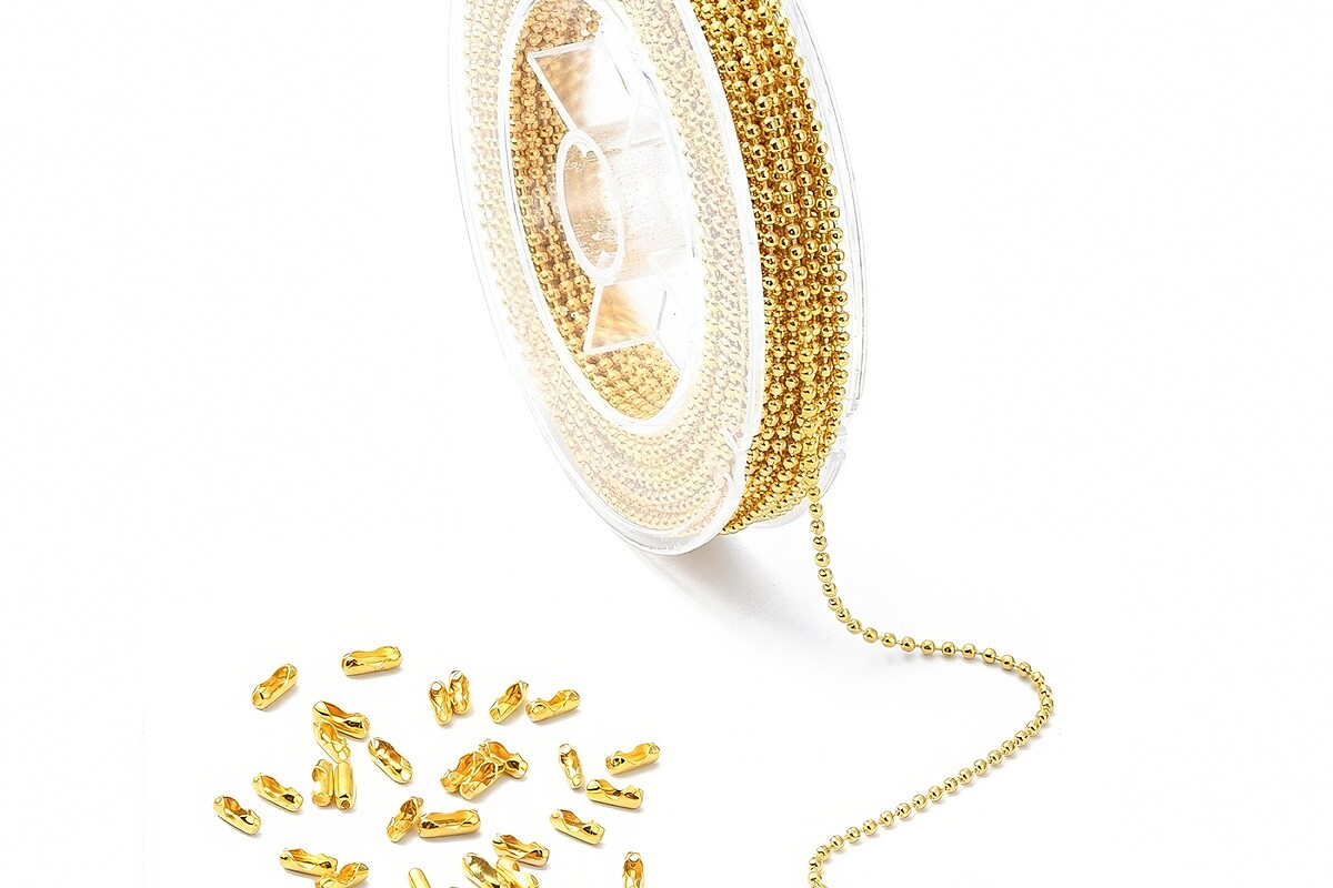 Set rola lant din metal comun auriu cu bile de 1,5mm, lungime 10m si 50 conectori de 1,5mm