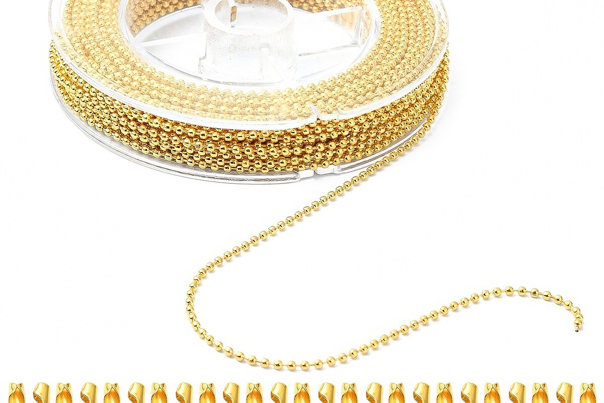 Set rola lant din metal comun auriu cu bile de 1,5mm, lungime 10m si 50 conectori de 1,5mm