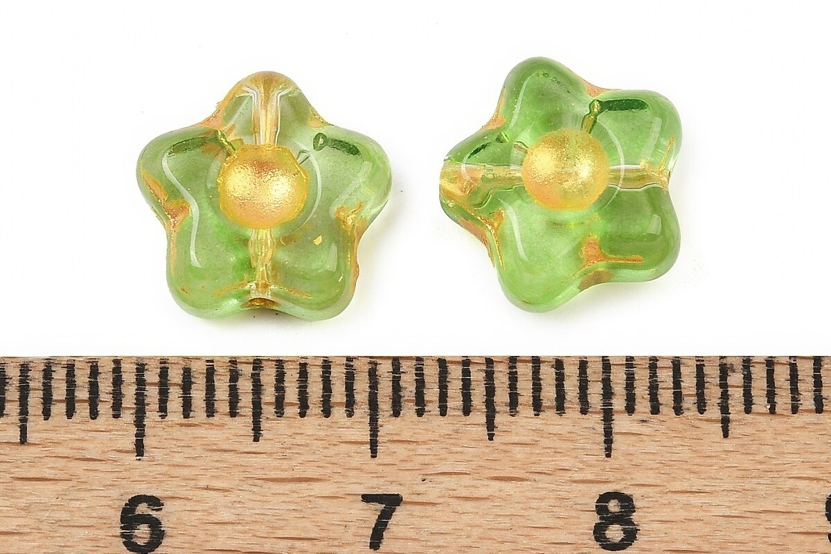Margele de sticla electroplacate cu foita aurie floare 10,5x11mm - verde