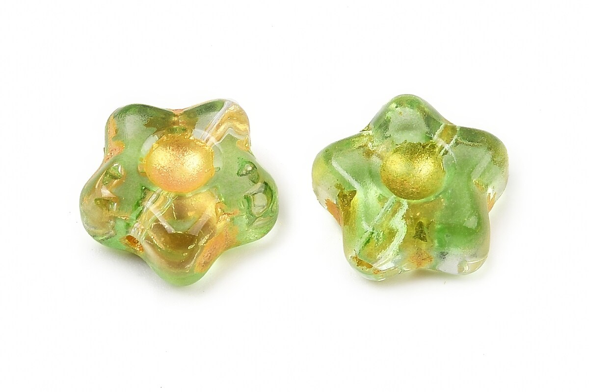 Margele de sticla electroplacate cu foita aurie floare 10,5x11mm - verde