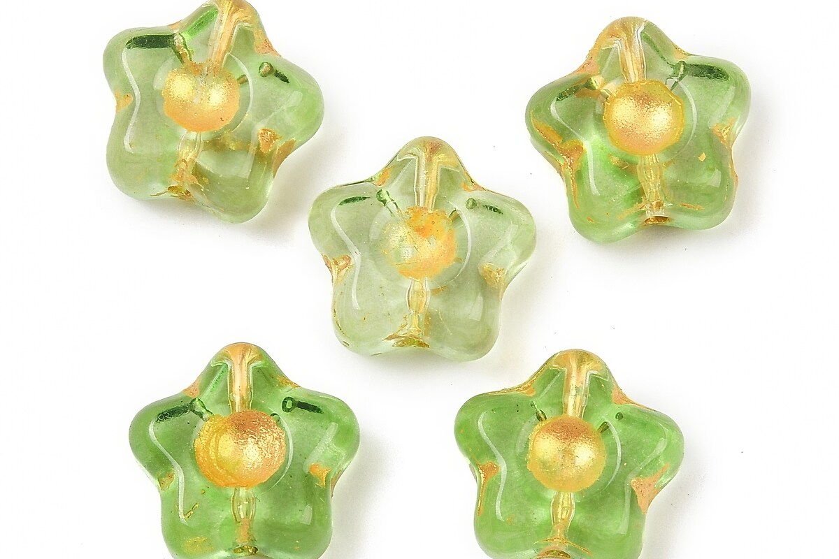 Margele de sticla electroplacate cu foita aurie floare 10,5x11mm - verde
