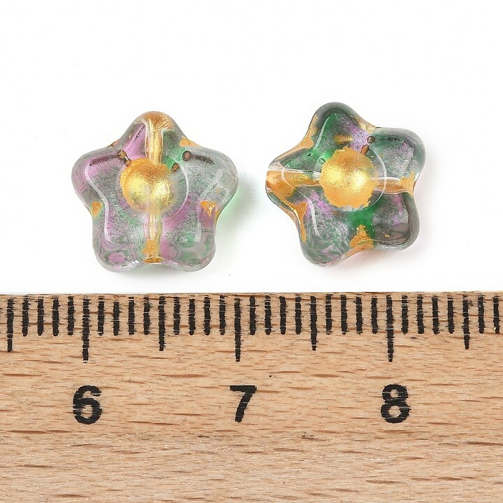 Margele de sticla electroplacate cu foita aurie floare 10,5x11mm - verde-roz