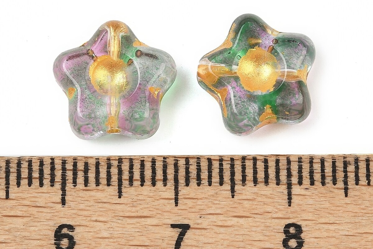 Margele de sticla electroplacate cu foita aurie floare 10,5x11mm - verde-roz