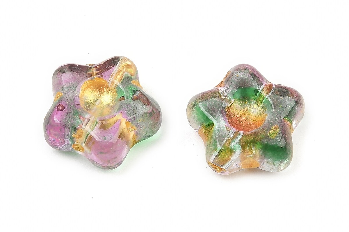 Margele de sticla electroplacate cu foita aurie floare 10,5x11mm - verde-roz