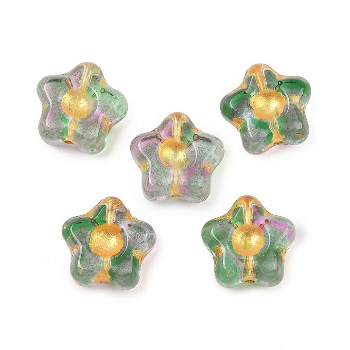 Margele de sticla electroplacate cu foita aurie floare 10,5x11mm - verde-roz