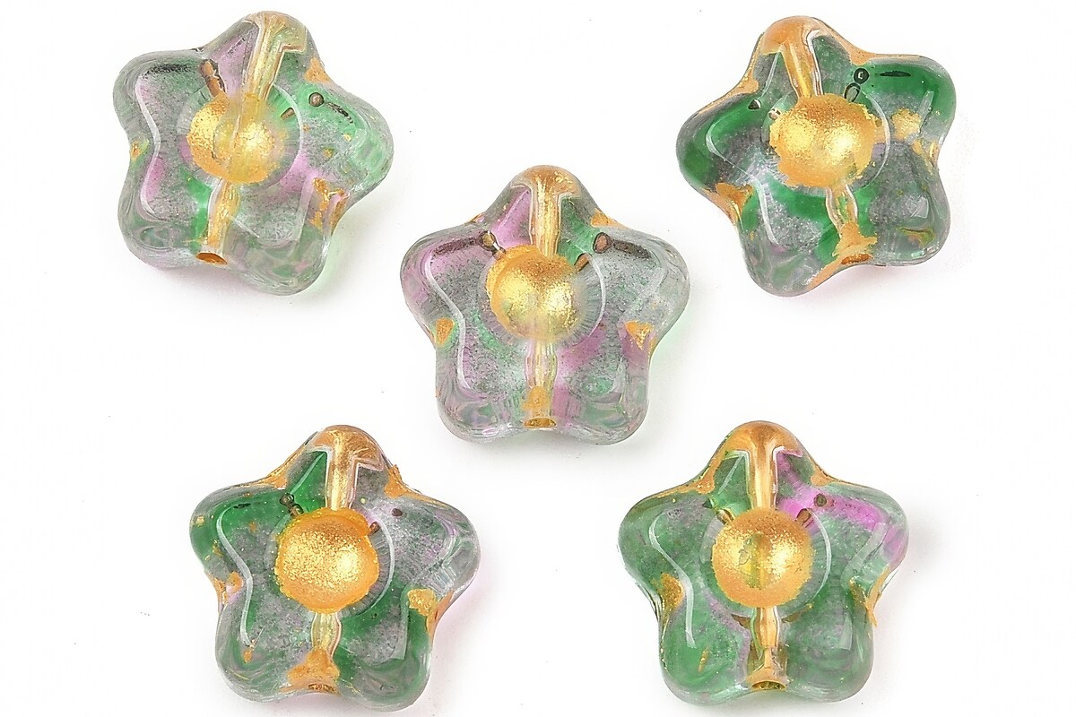 Margele de sticla electroplacate cu foita aurie floare 10,5x11mm - verde-roz