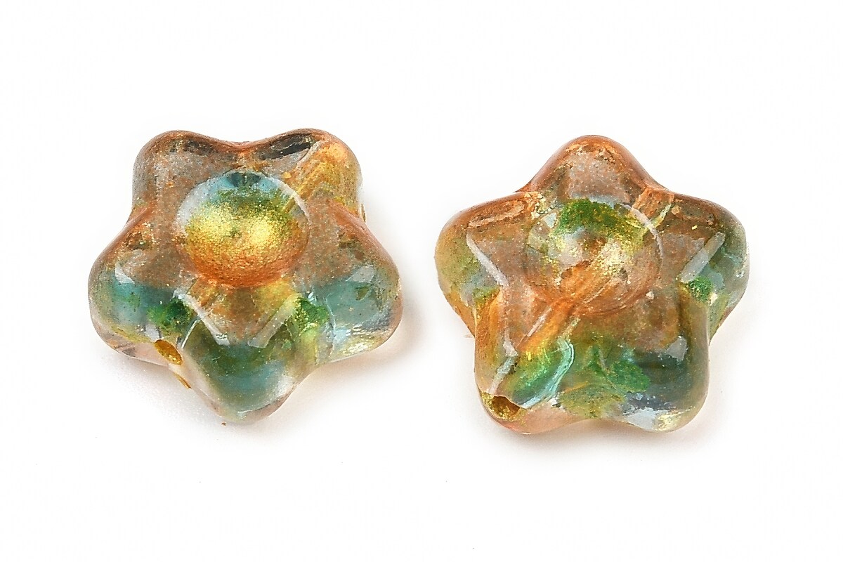 Margele de sticla electroplacate cu foita aurie floare 10,5x11mm - verde-mix