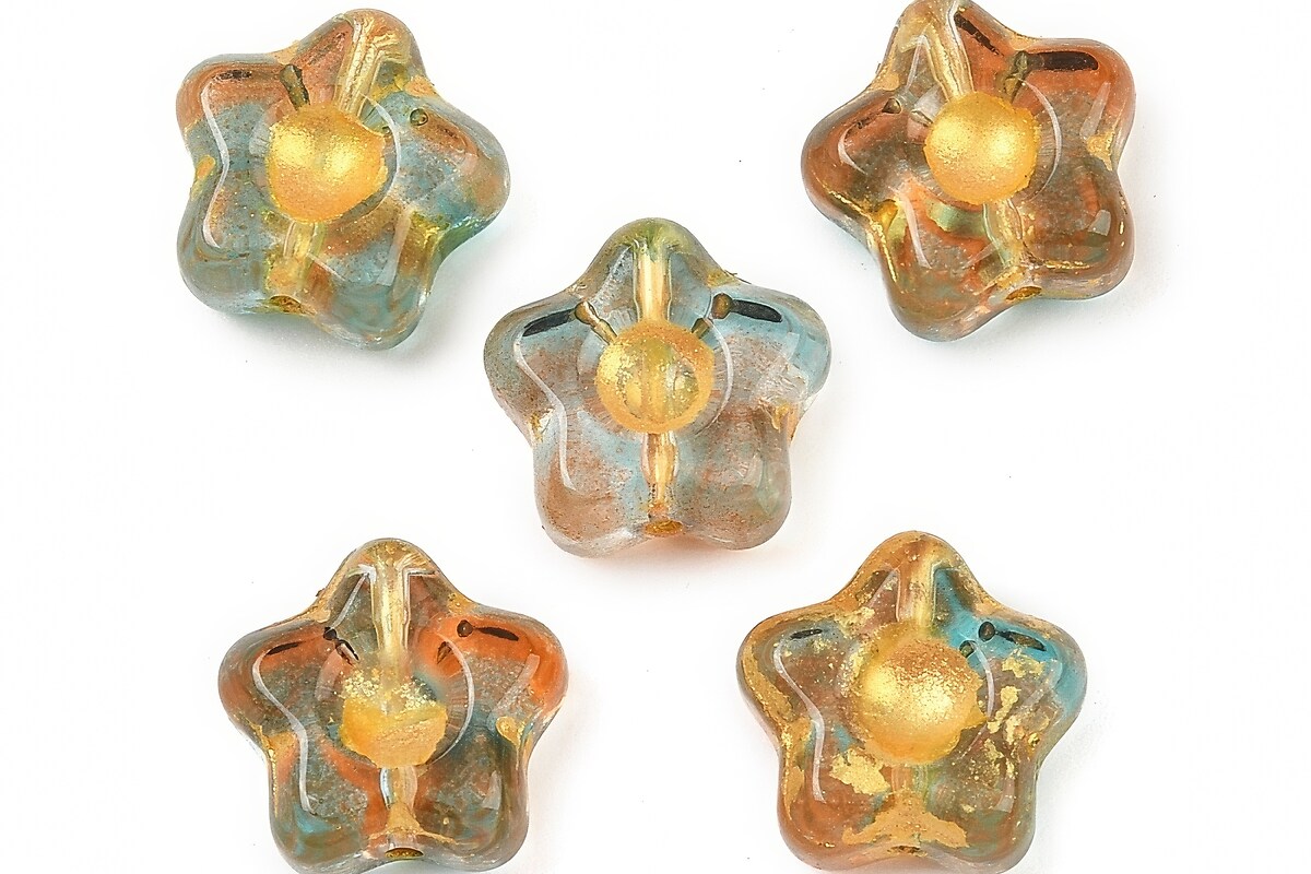 Margele de sticla electroplacate cu foita aurie floare 10,5x11mm - verde-mix