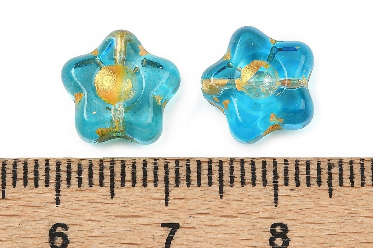 Margele de sticla electroplacate cu foita aurie floare 10,5x11mm - albastru