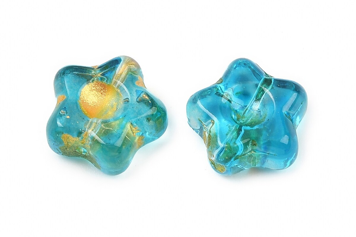 Margele de sticla electroplacate cu foita aurie floare 10,5x11mm - albastru