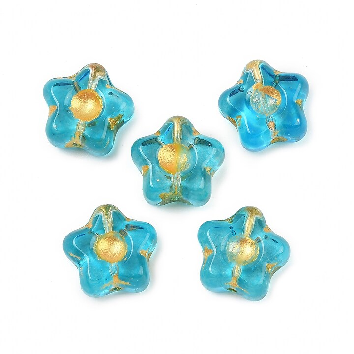 Margele de sticla electroplacate cu foita aurie floare 10,5x11mm - albastru