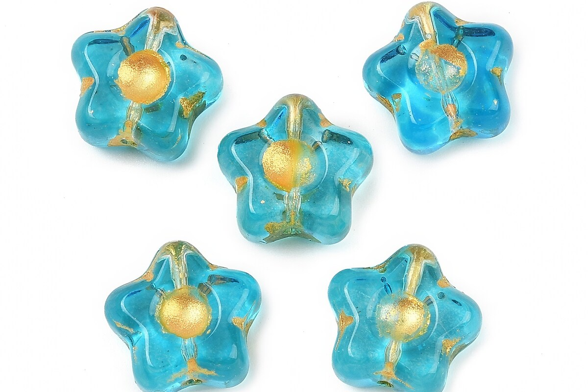 Margele de sticla electroplacate cu foita aurie floare 10,5x11mm - albastru