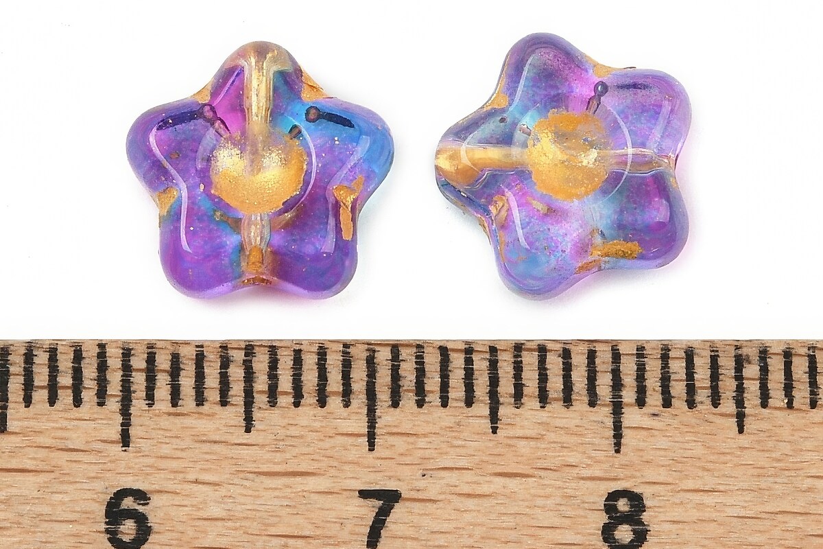 Margele de sticla electroplacate cu foita aurie floare 10,5x11mm - albastru-mov