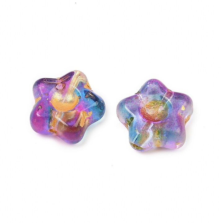 Margele de sticla electroplacate cu foita aurie floare 10,5x11mm - albastru-mov