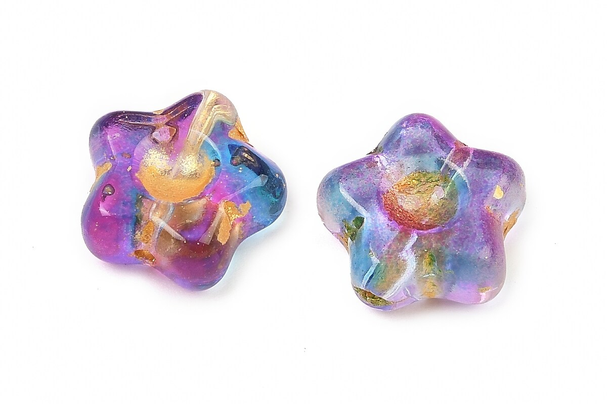 Margele de sticla electroplacate cu foita aurie floare 10,5x11mm - albastru-mov