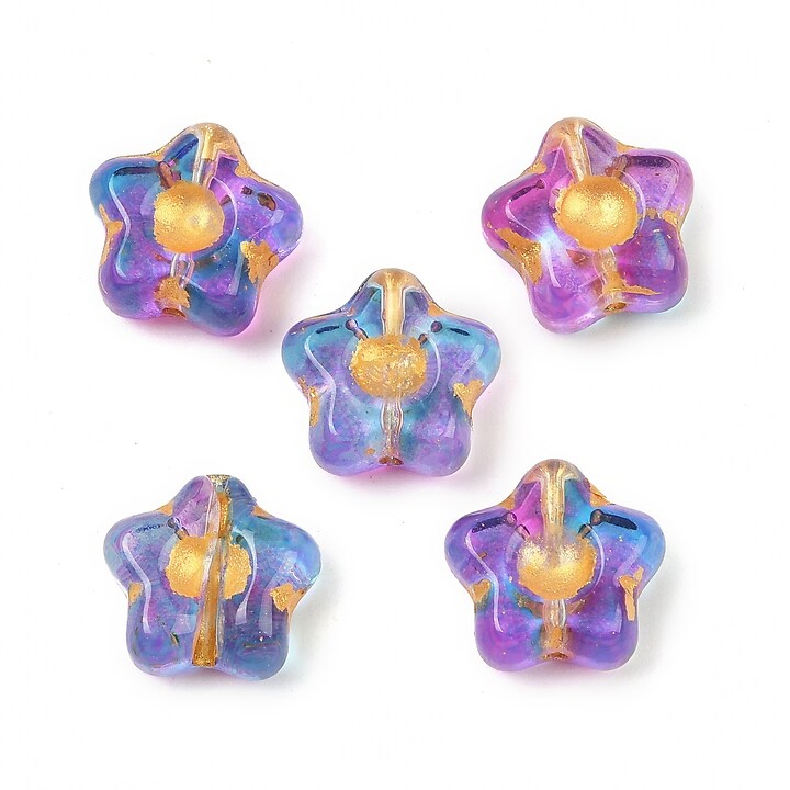 Margele de sticla electroplacate cu foita aurie floare 10,5x11mm - albastru-mov