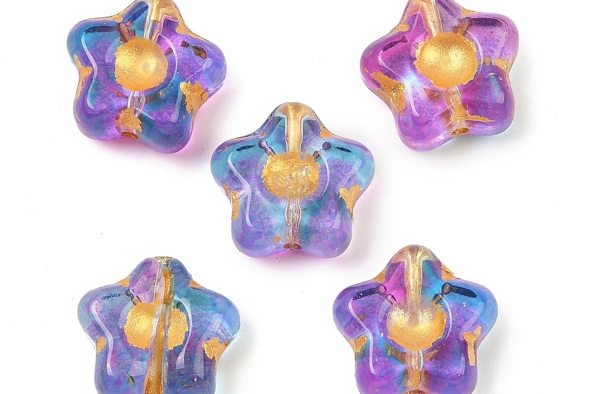 Margele de sticla electroplacate cu foita aurie floare 10,5x11mm - albastru-mov