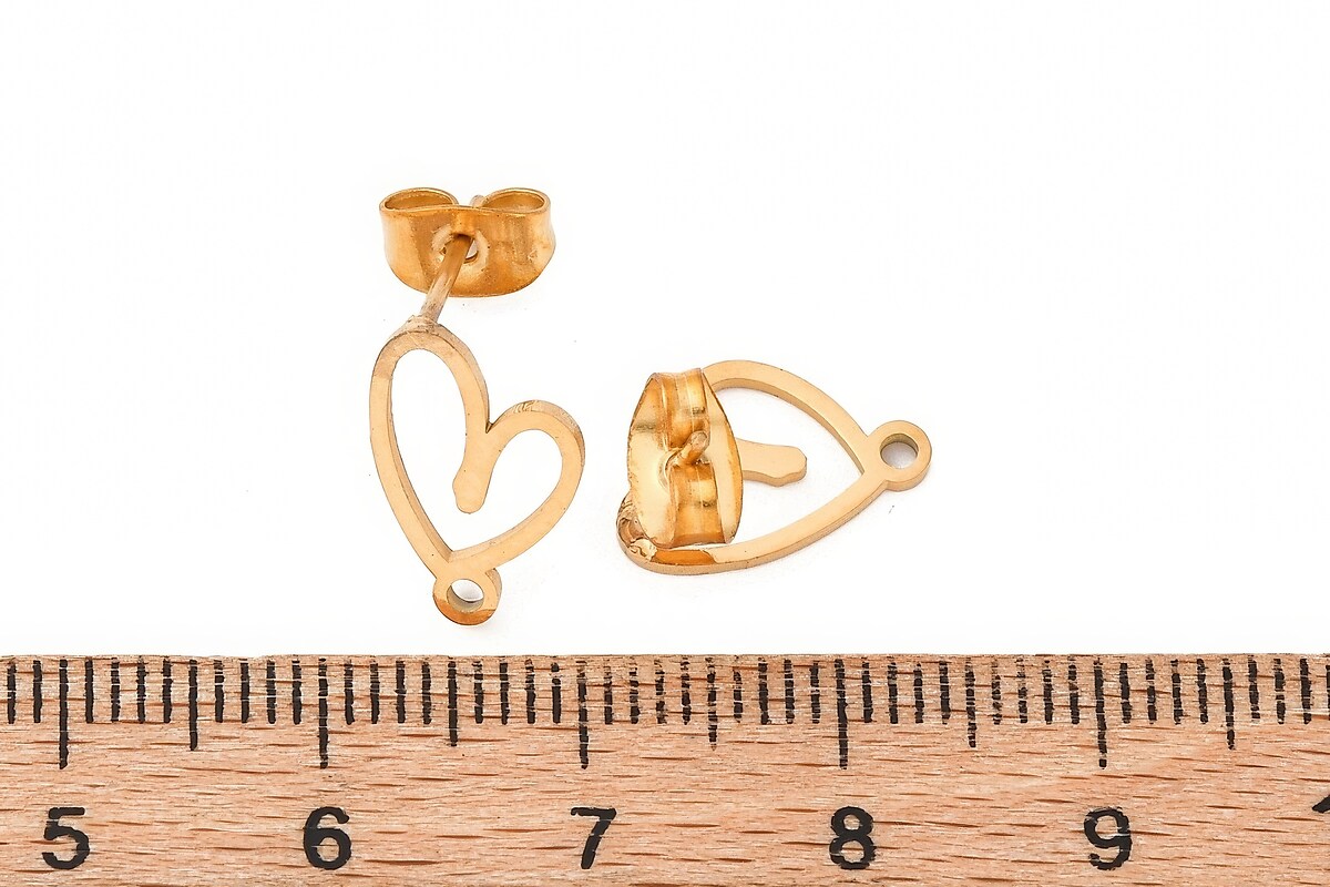Tortite cercei otel inoxidabil auriu 304, inima 12,5x8mm (2 buc.)