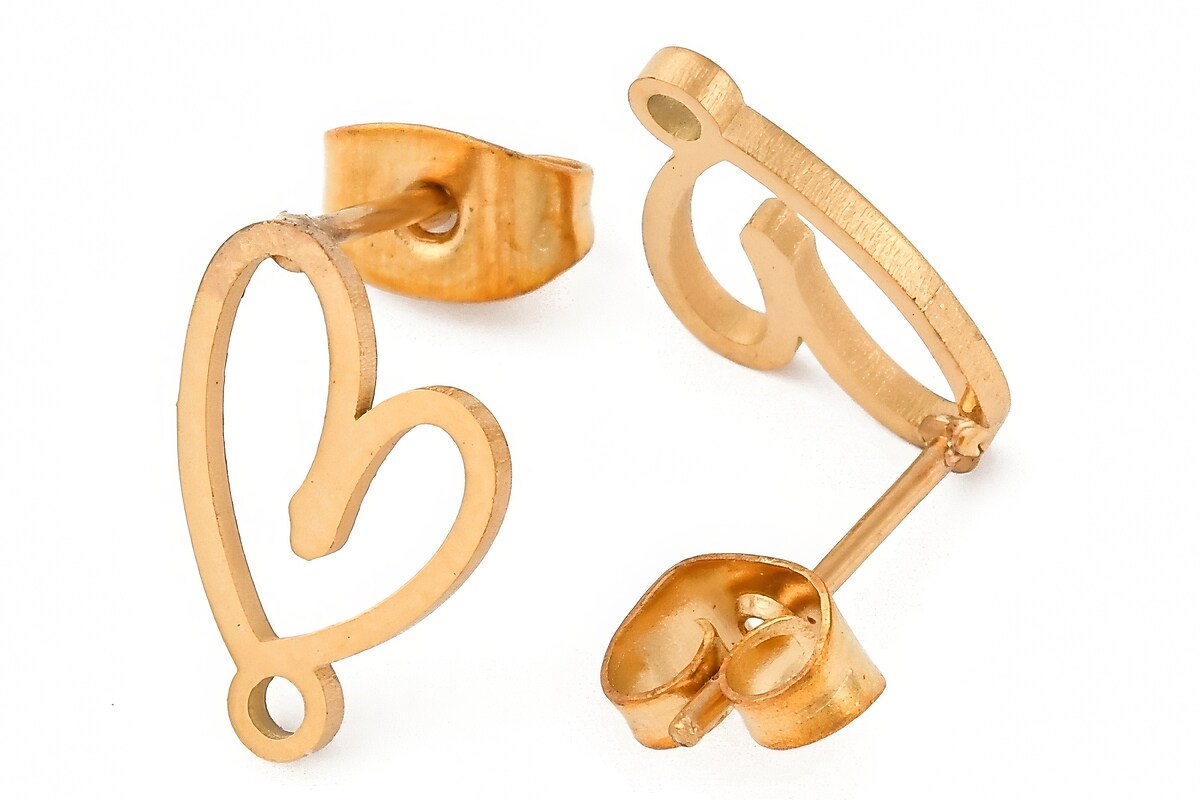 Tortite cercei otel inoxidabil auriu 304, inima 12,5x8mm (2 buc.)