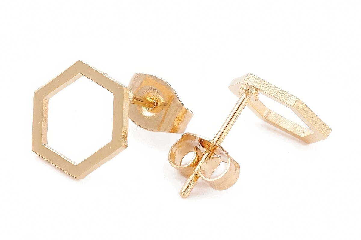 Cercei otel inoxidabil auriu 304 model hexagon 10x9mm (2 buc.)