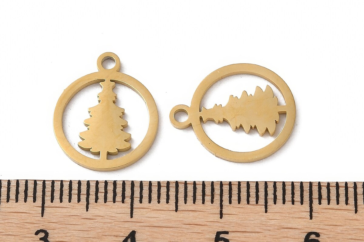 Pandantiv otel inoxidabil 304 auriu placat IP (ion plating), brad de Craciun 14,5x12mm