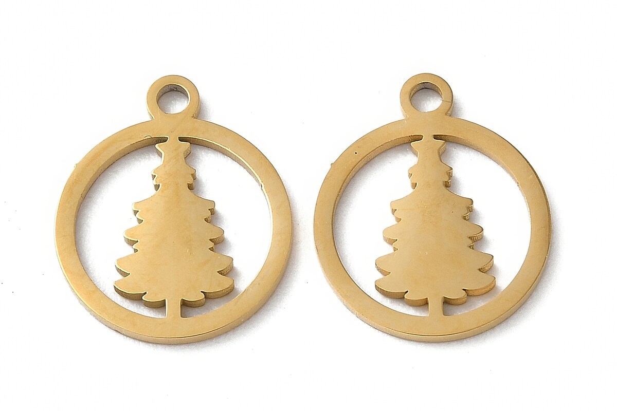 Pandantiv otel inoxidabil 304 auriu placat IP (ion plating), brad de Craciun 14,5x12mm