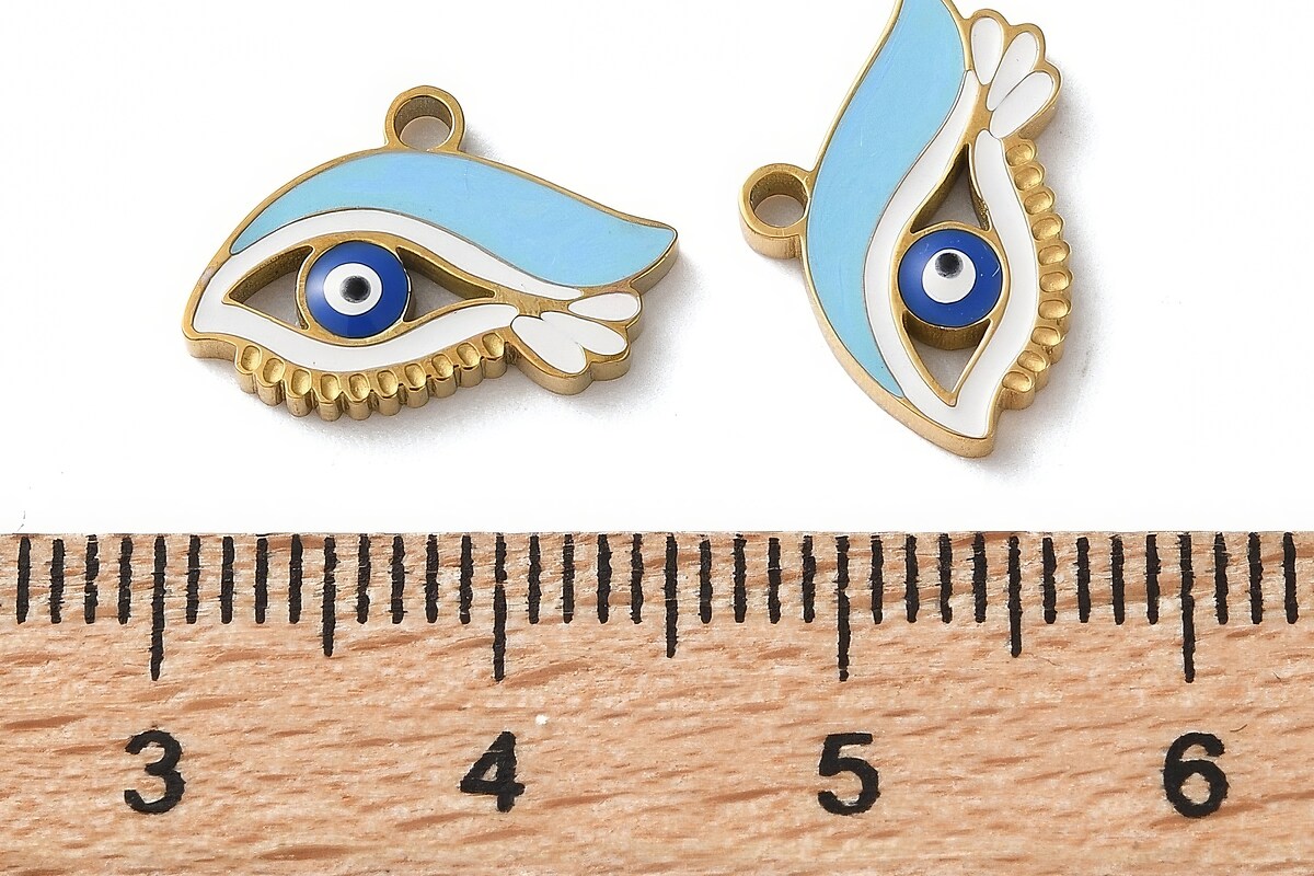 Charm emailat otel inoxidabil 304, evil eye 15x10mm