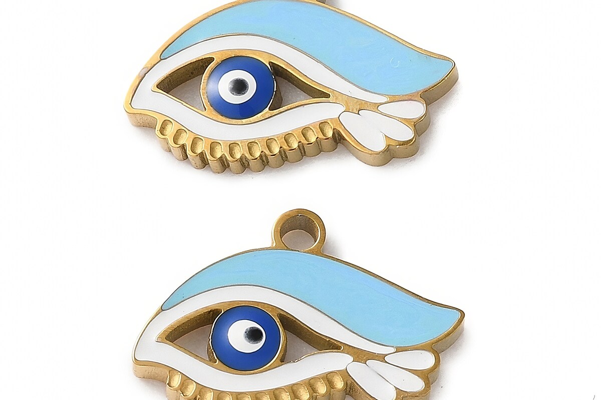 Charm emailat otel inoxidabil 304, evil eye 15x10mm