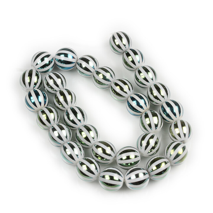 Sirag margele de sticla rotunde cu linii electroplacate 8mm  - alb placat verde