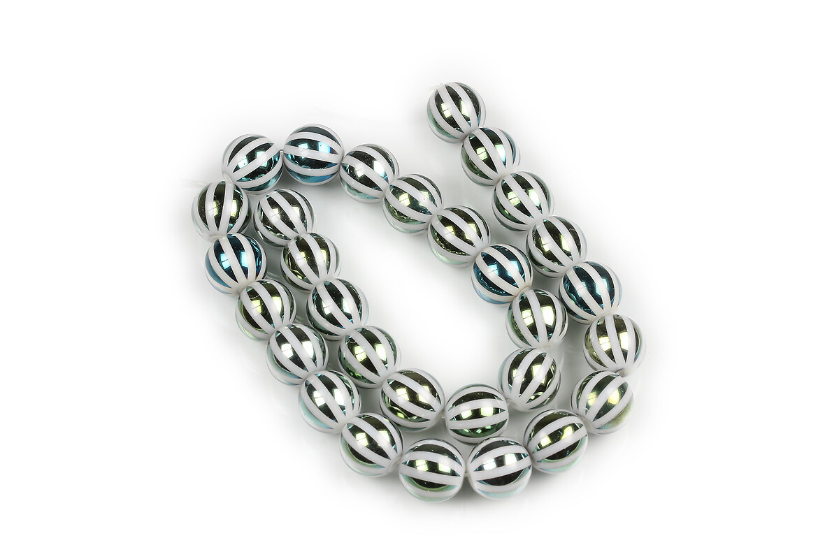 Sirag margele de sticla rotunde cu linii electroplacate 8mm  - alb placat verde