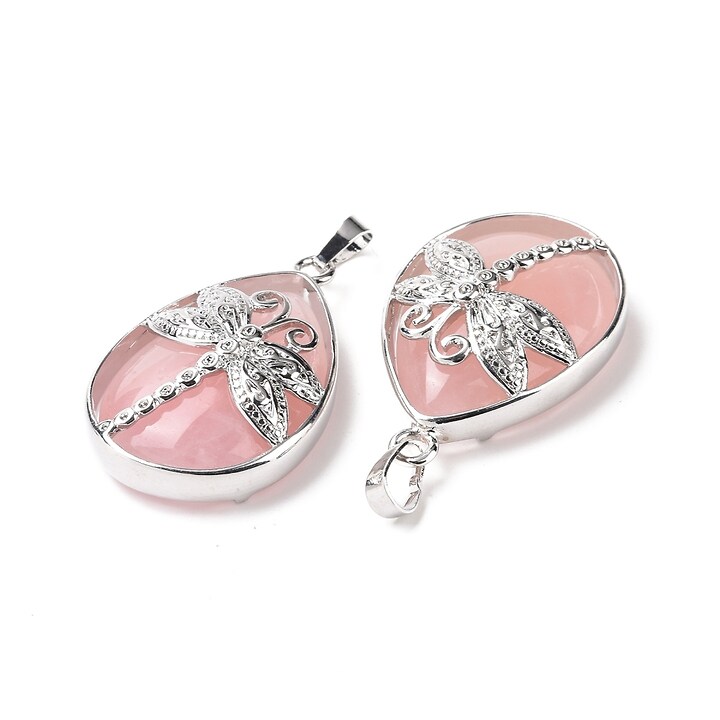 Pandantiv cuart roz, in montura argintiu inchis, libelula 40x26mm