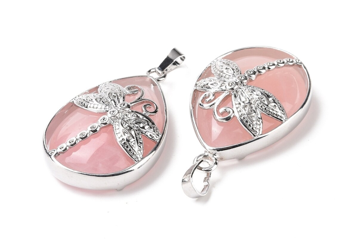 Pandantiv cuart roz, in montura argintiu inchis, libelula 40x26mm