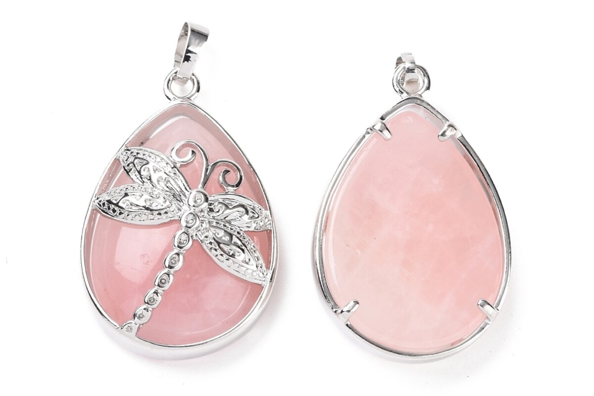 Pandantiv cuart roz, in montura argintiu inchis, libelula 40x26mm