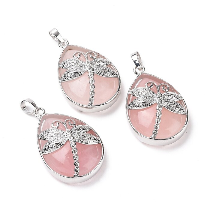 Pandantiv cuart roz, in montura argintiu inchis, libelula 40x26mm