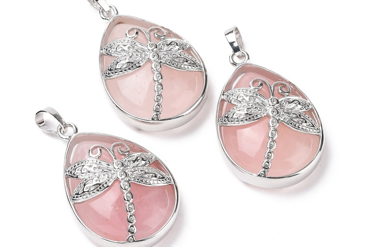 Pandantiv cuart roz, in montura argintiu inchis, libelula 40x26mm