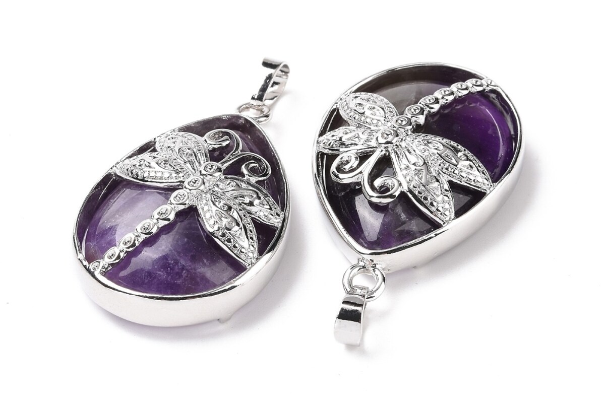 Pandantiv ametist, in montura argintiu inchis, libelula 40x26mm