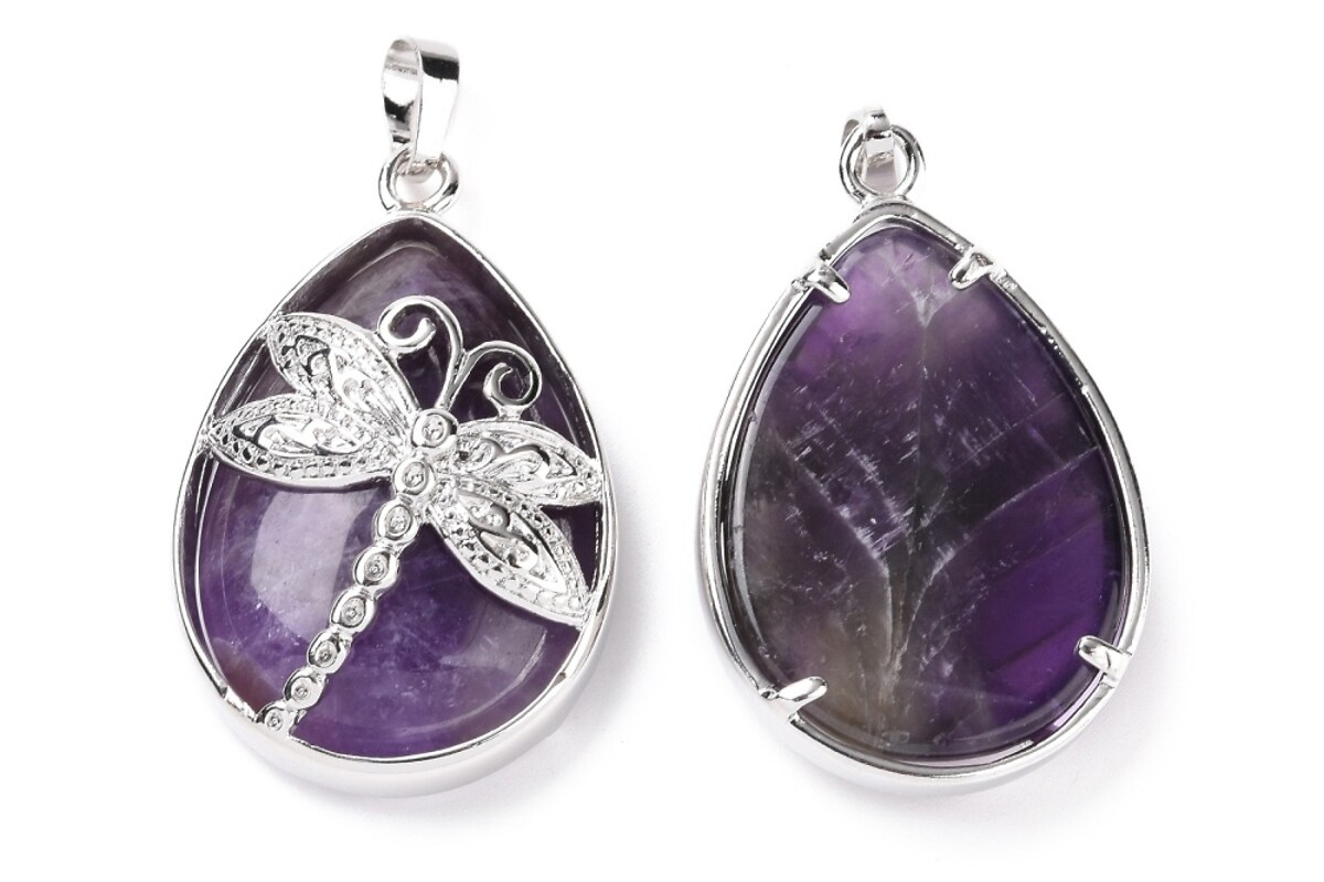 Pandantiv ametist, in montura argintiu inchis, libelula 40x26mm