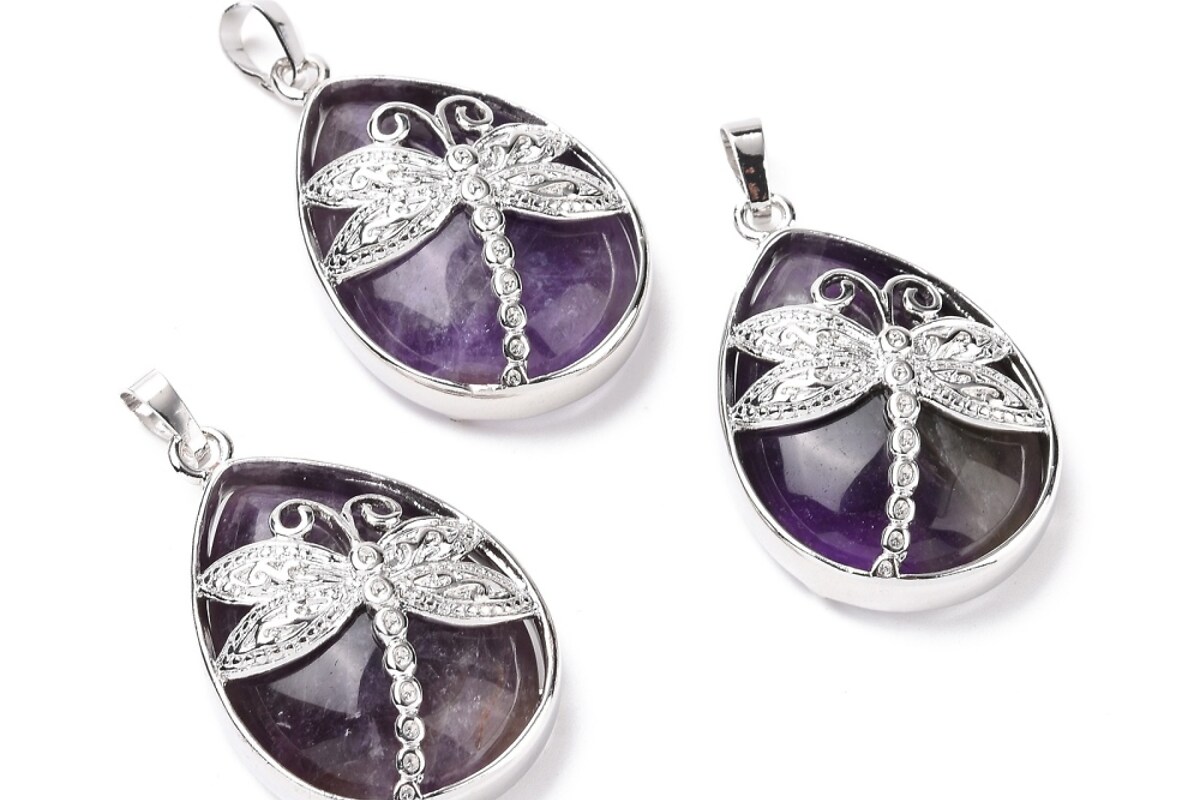 Pandantiv ametist, in montura argintiu inchis, libelula 40x26mm