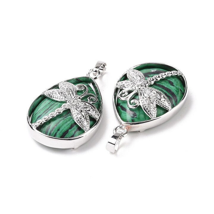 Pandantiv malachit, in montura argintiu inchis, libelula 40x26mm