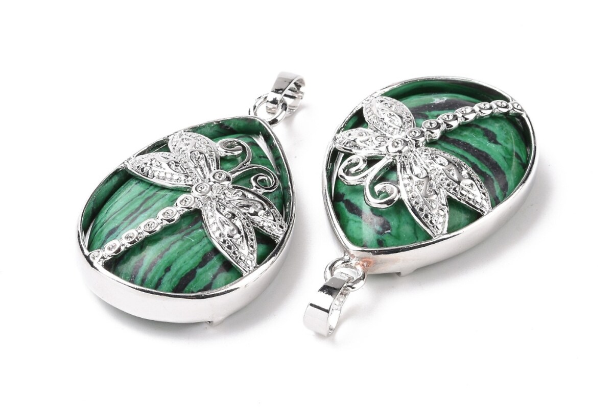 Pandantiv malachit, in montura argintiu inchis, libelula 40x26mm