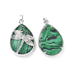 Pandantiv malachit, in montura argintiu inchis, libelula 40x26mm